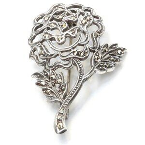 Gorgeous Vintage 1950's Sterling Silver 900 and Marcasite Rose and Leaves Brooch